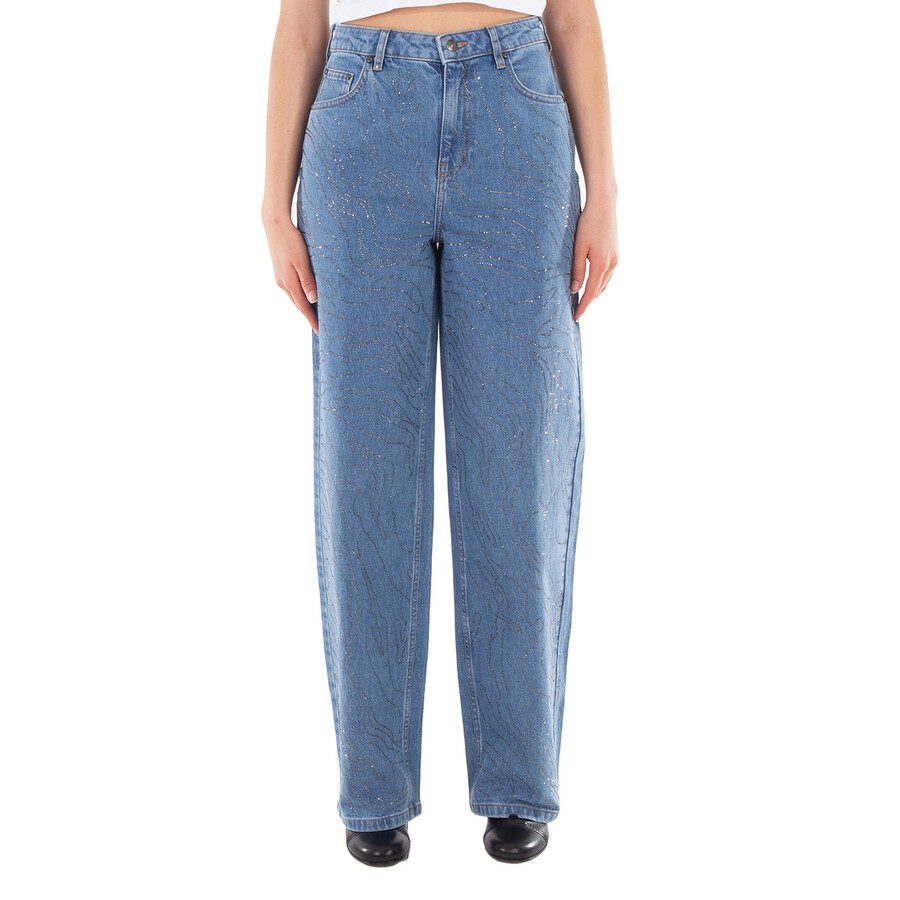 Ladies Light Blue Denim Rhinestone Wide Leg Jeans