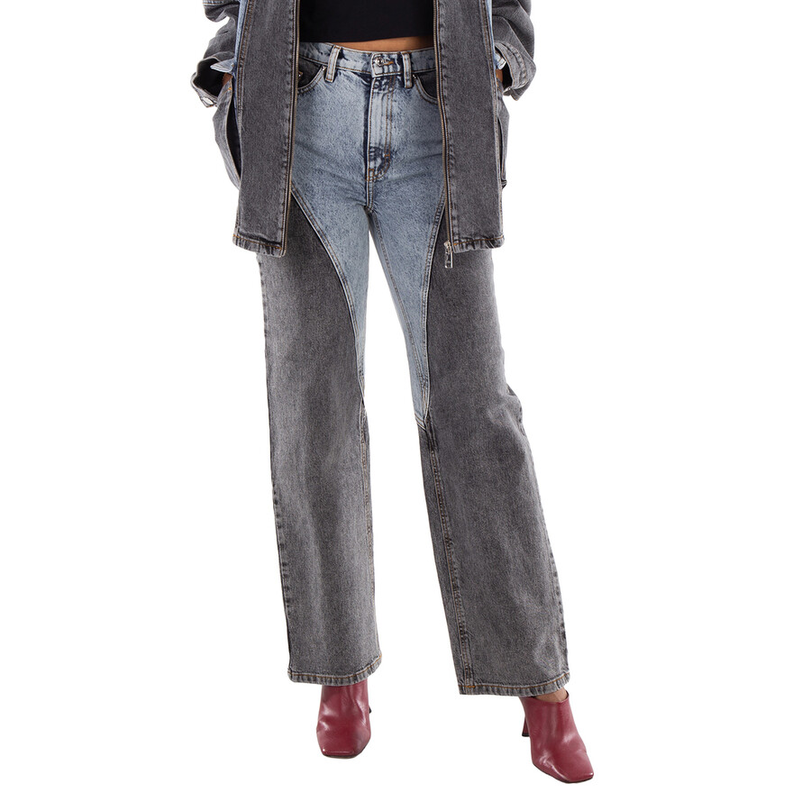 Ladies Medium Blue Denim Straight Patchwork Jeans