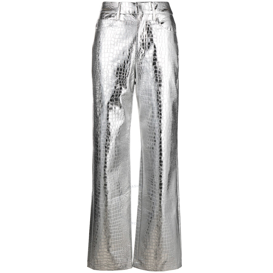 Rotate Birger Christensen Rotie Metallic Croc-effect Coated Faux Leather Wide-leg Pants In Silver Tone