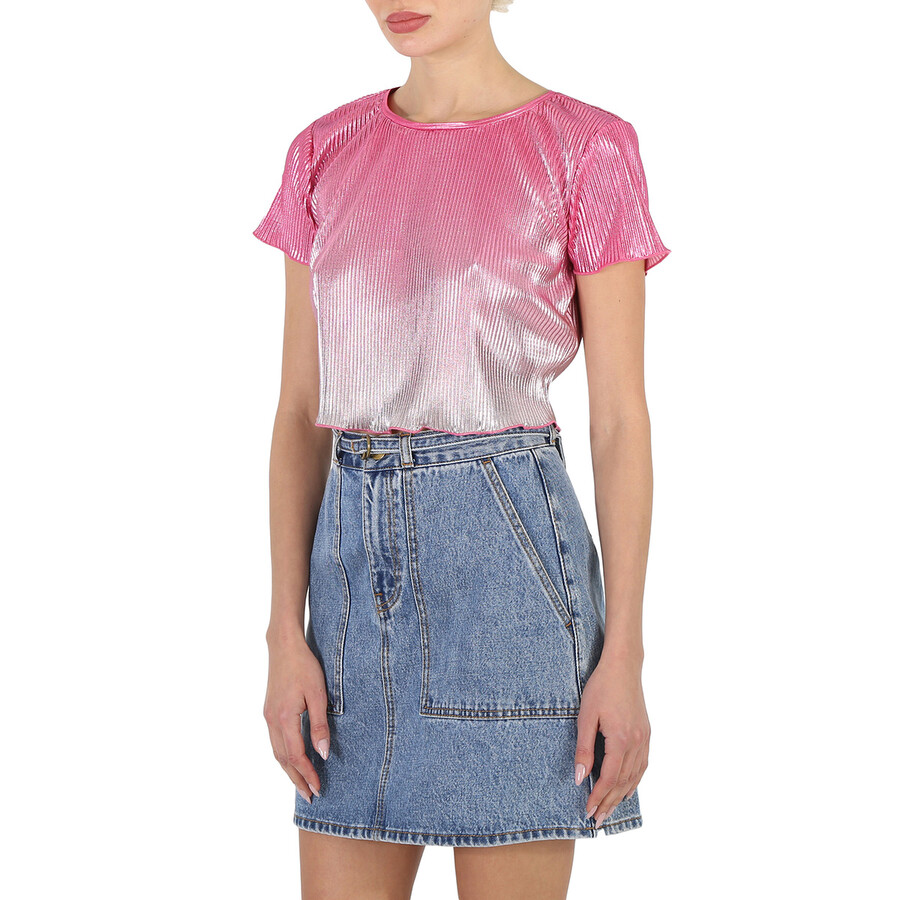 Rotate Birger Christensen Ladies Silvery Pink Gradient Plisse Crop Top In Pink/silver Tone