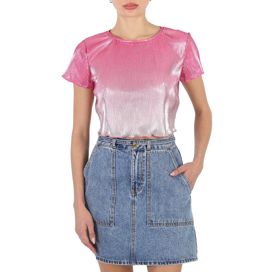 Rotate Birger Christensen Ladies Silvery Pink Gradient Plisse Crop Top In Pink/silver Tone