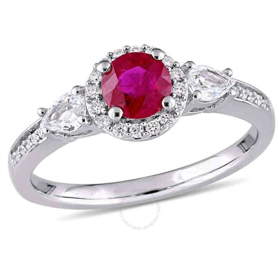 Shop Amour Round Ruby And Pear Shape White Sapphire 3-stone Ring With 1/8 Ct Tw Diamond Halo And Accent I In Two Tone  / Gold / Gold Tone / Ruby / White