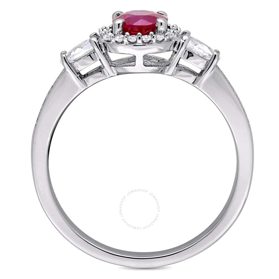 Shop Amour Round Ruby And Pear Shape White Sapphire 3-stone Ring With 1/8 Ct Tw Diamond Halo And Accent I In Two Tone  / Gold / Gold Tone / Ruby / White