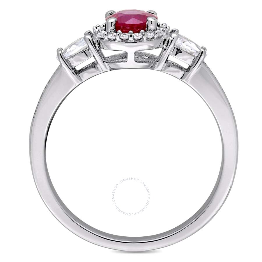 Amour Round Ruby And Pear Shape White Sapphire 3-stone Ring With 1/8 Ct Tw Diamond Halo And Accent I In Two Tone / Gold / Gold Tone / Ruby / White