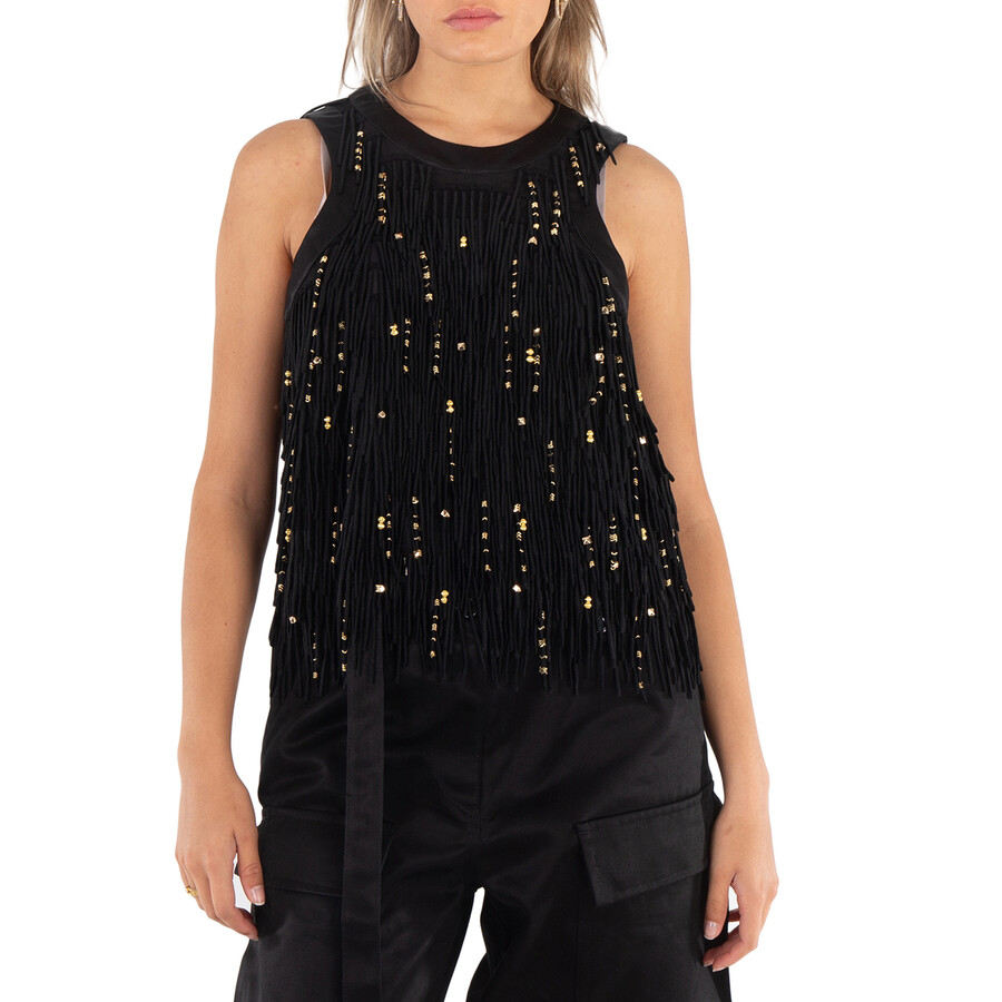 Ladies Black Beaded Fringe Lace Tank Top, Brand Size 1