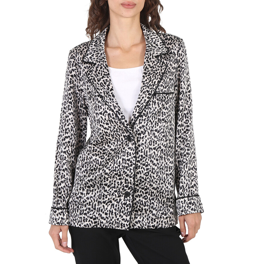 Ladies Black Leopard-pattern Silk Blazer