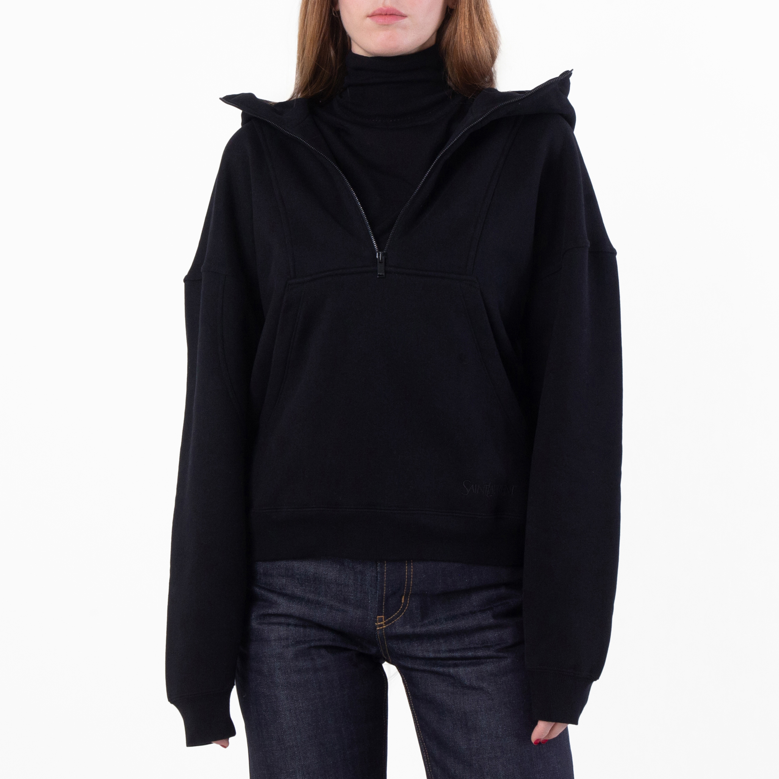 Saint Laurent Womens Black Camionneur Trucker Fleece Hoodie, Size