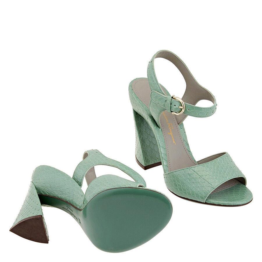 Shop Ferragamo Salvatore  Ladies Sculpted Heel Leather Sandals In Green