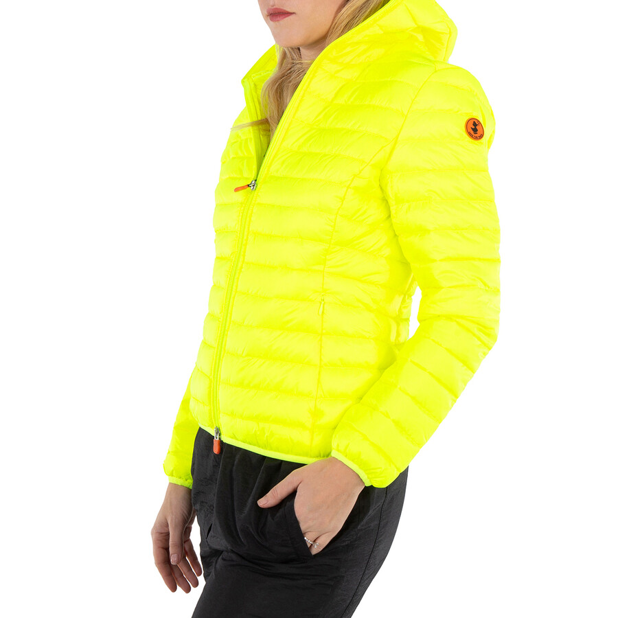 Ladies Fluo Yellow Kyla Hooded Puffer Jacket