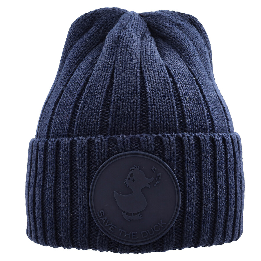 Save The Duck Navy Blue Logo Patch Knitted Beanie In Blue