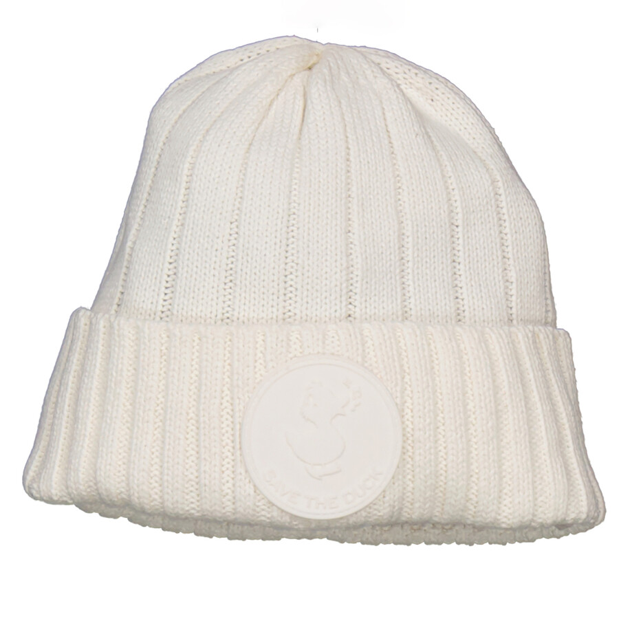 Save The Duck Off White Logo Patch Beanie In White
