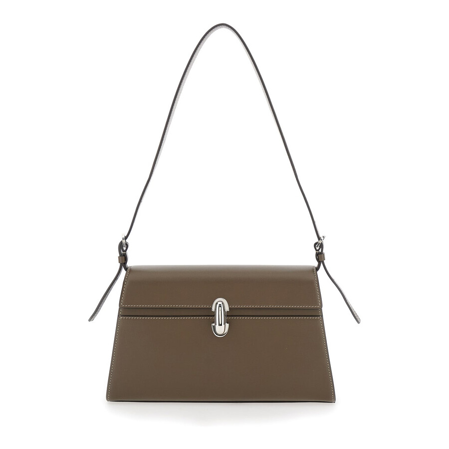 Savette Simmetry Brown Shoulder Bag With Top Strap And Twist Lock Closure In Leather In Gray