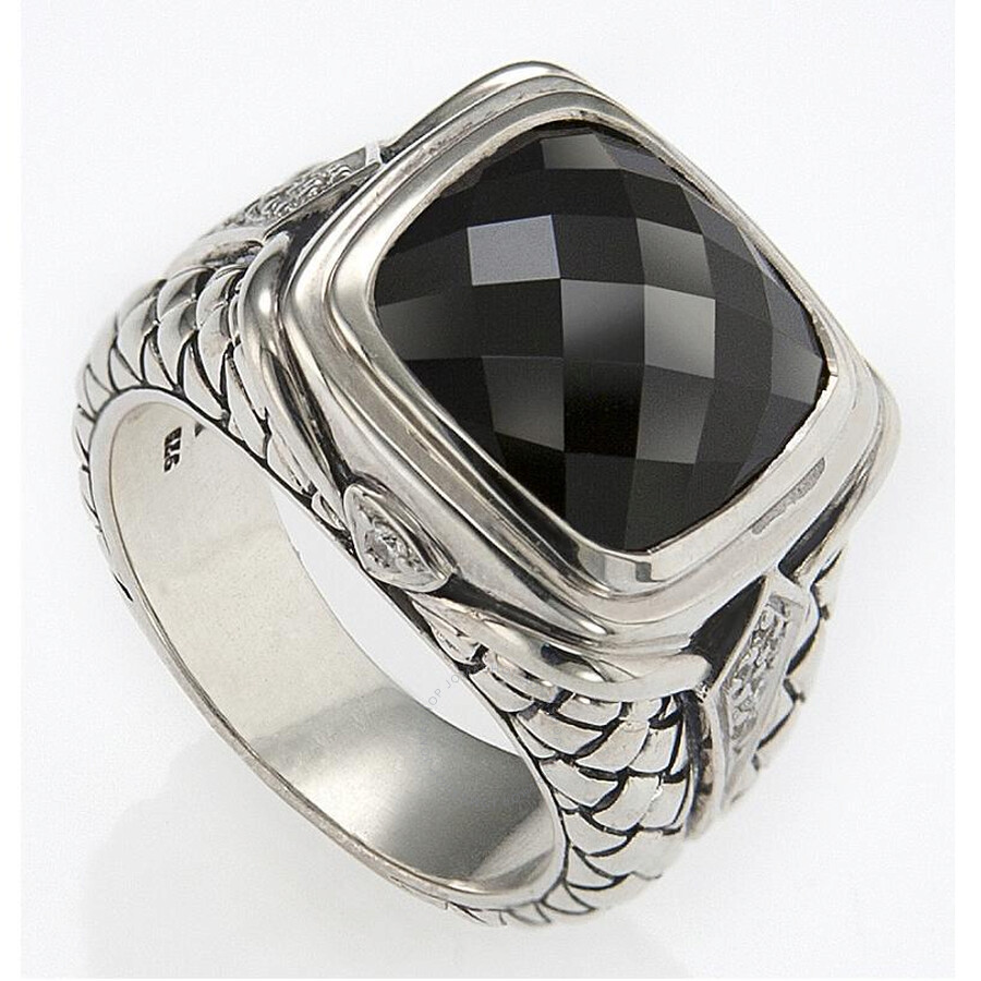 Size 7 Ring Silver and Onyx with Diamond-Cut Accents
