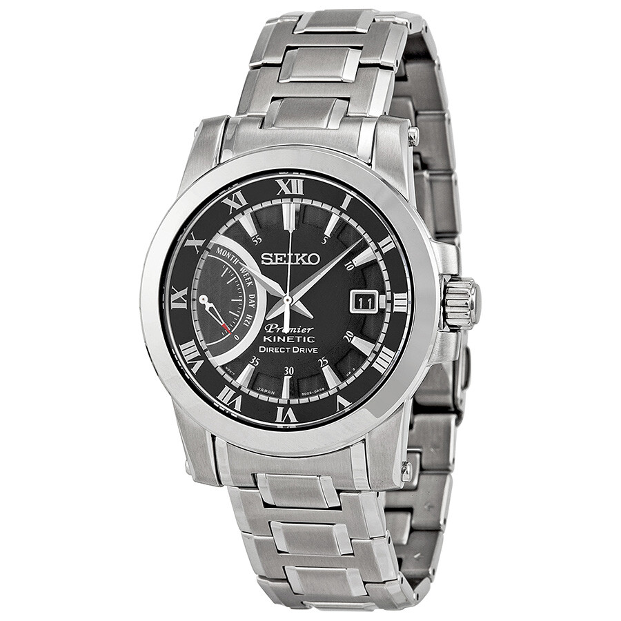 Seiko Premier Kinetic Black Dial Stainless Steel Bracelet Men's Watch ...