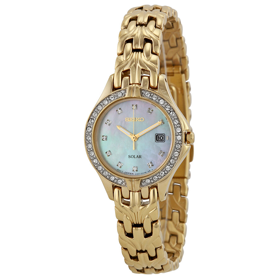 Seiko Solar Mother of Pearl Swarovski Crystal Bezel Gold