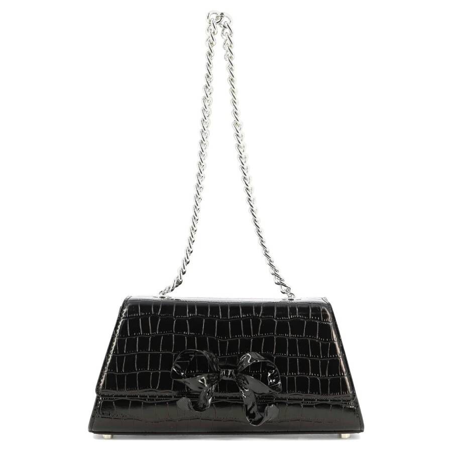 Self Portrait Black Mini Bow Croc-Embossed Leather Shoulder