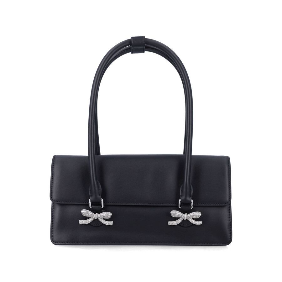 Self-portrait Black Leather Shoulder Bag With Crystal Bows In Black