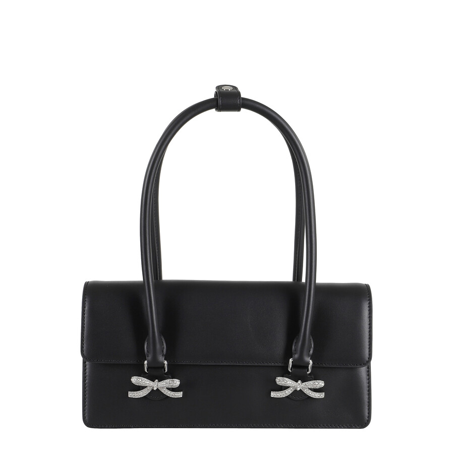 Self-portrait Black Leather Shoulder Bag With Crystal Bows In Black