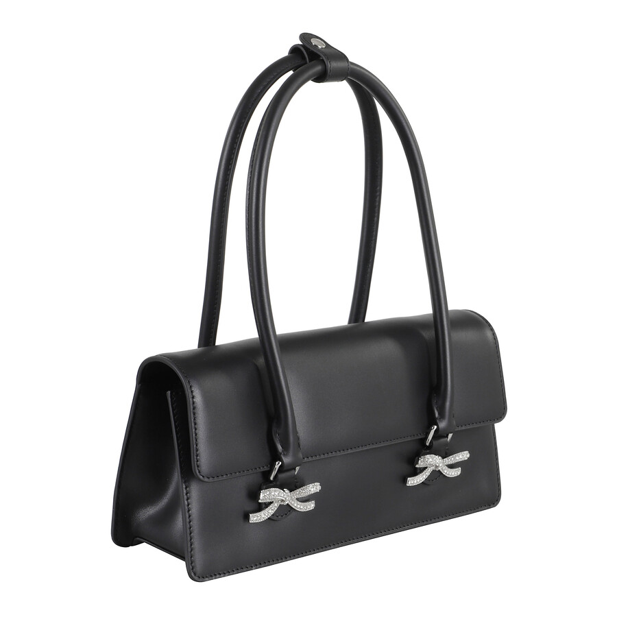 Self-portrait Black Leather Shoulder Bag With Crystal Bows In Black