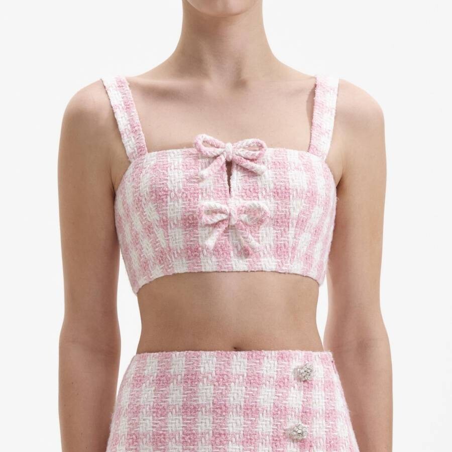 Self-portrait Pink Check Boucle Crop Top In Pink