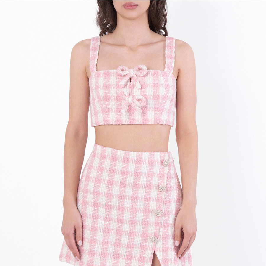 Self-Portrait Pink Check Boucle Crop Top, Brand Size 6 ( US Size 2 )