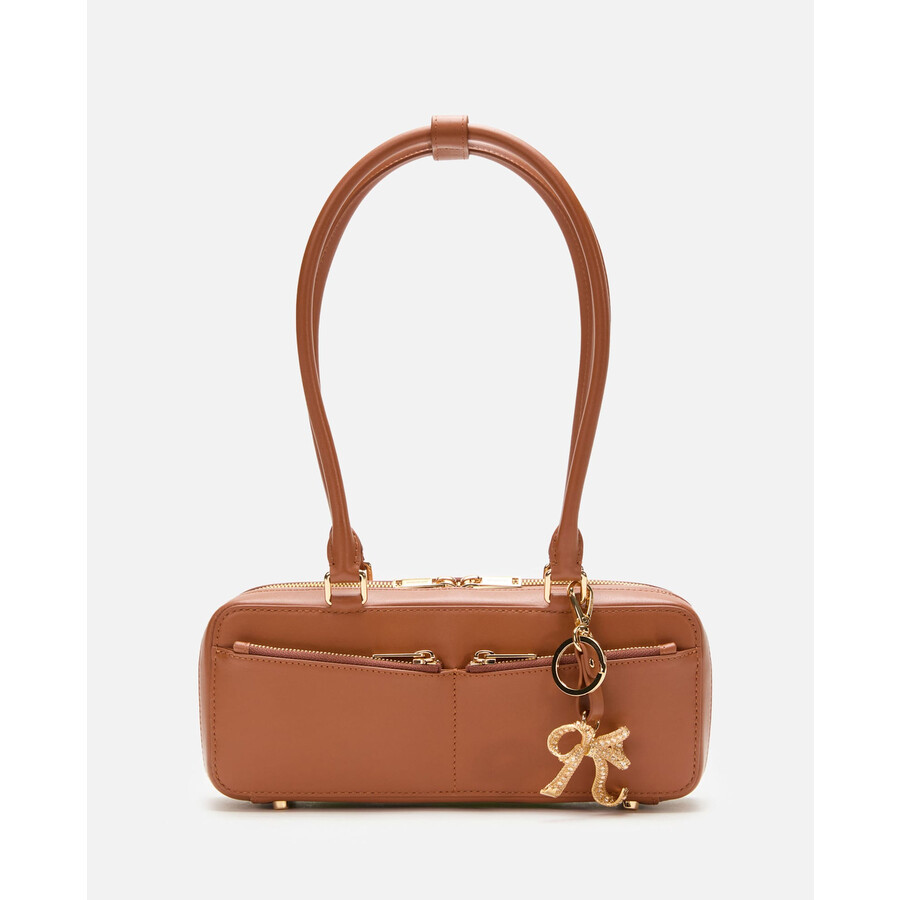Self-portrait Tan Leather Baguette Shoulder Bag With Charm In Brown