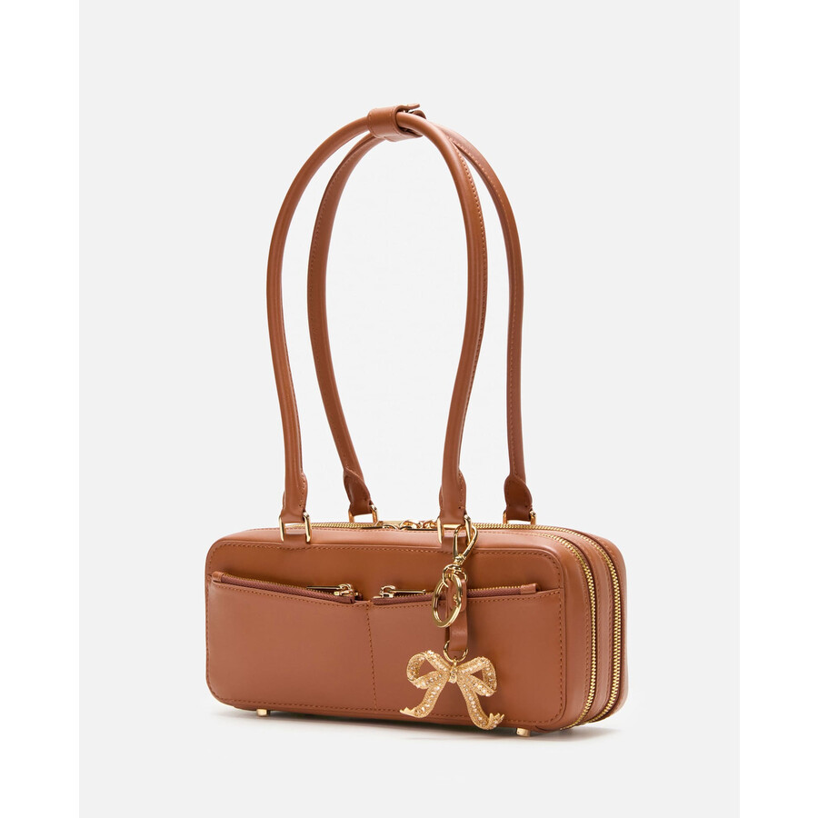 Self-portrait Tan Leather Baguette Shoulder Bag With Charm In Brown
