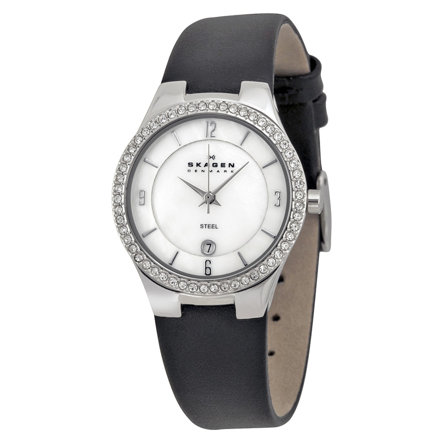 Skagen Mother of Pearl Swarovski Crystal Black Leather Ladies Watch