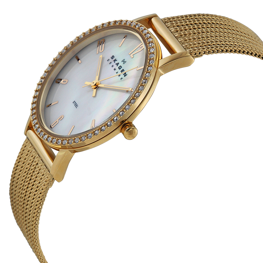 Skagen White Dial Crystal Bezel Goldtone Ladies Watch 922SGGG