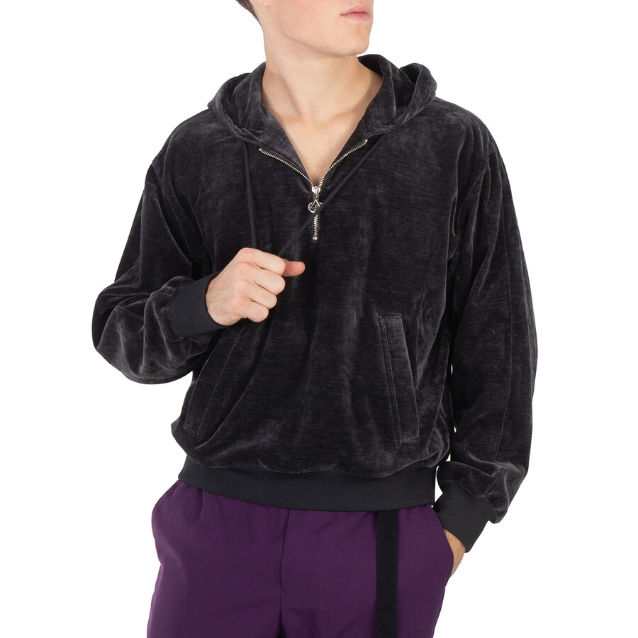 Solid Homme Grey Half-Zip Velour Hoodie, Brand Size 44 (US