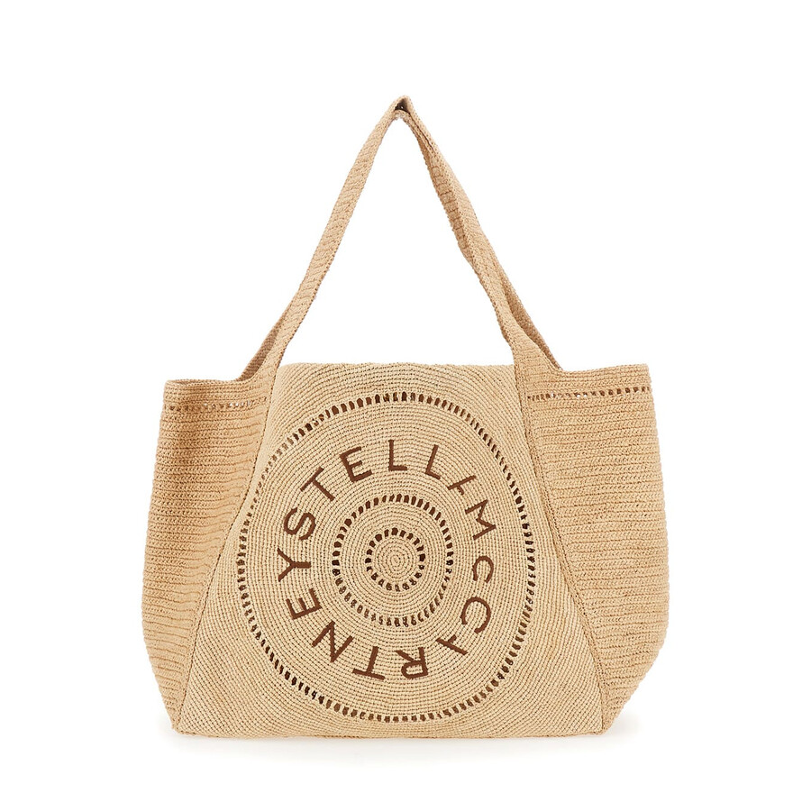 Stella Mccartney Beige Tote Bag With Two Top Handles And Logo Embroidery On The Front In Raffia Woman In Sand