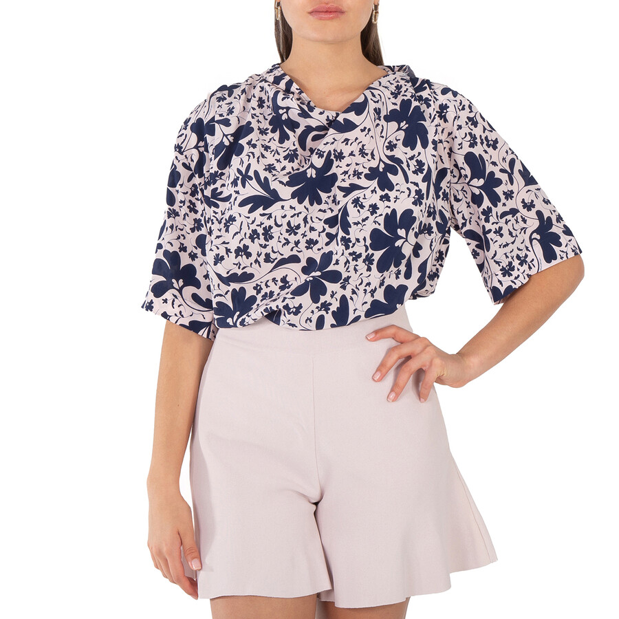 Blue Silk Foral Print Blouse