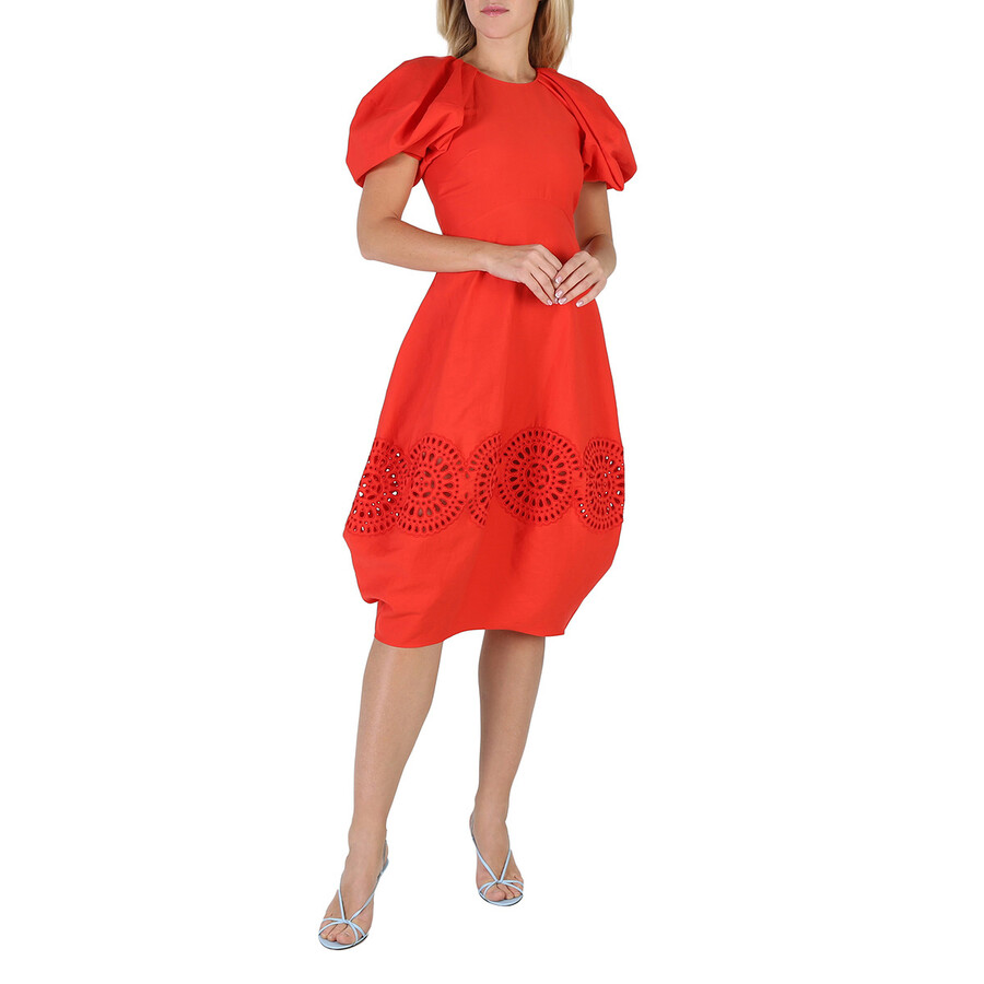 Bright Red Broderie Anglaise Puff-Sleeve Dress