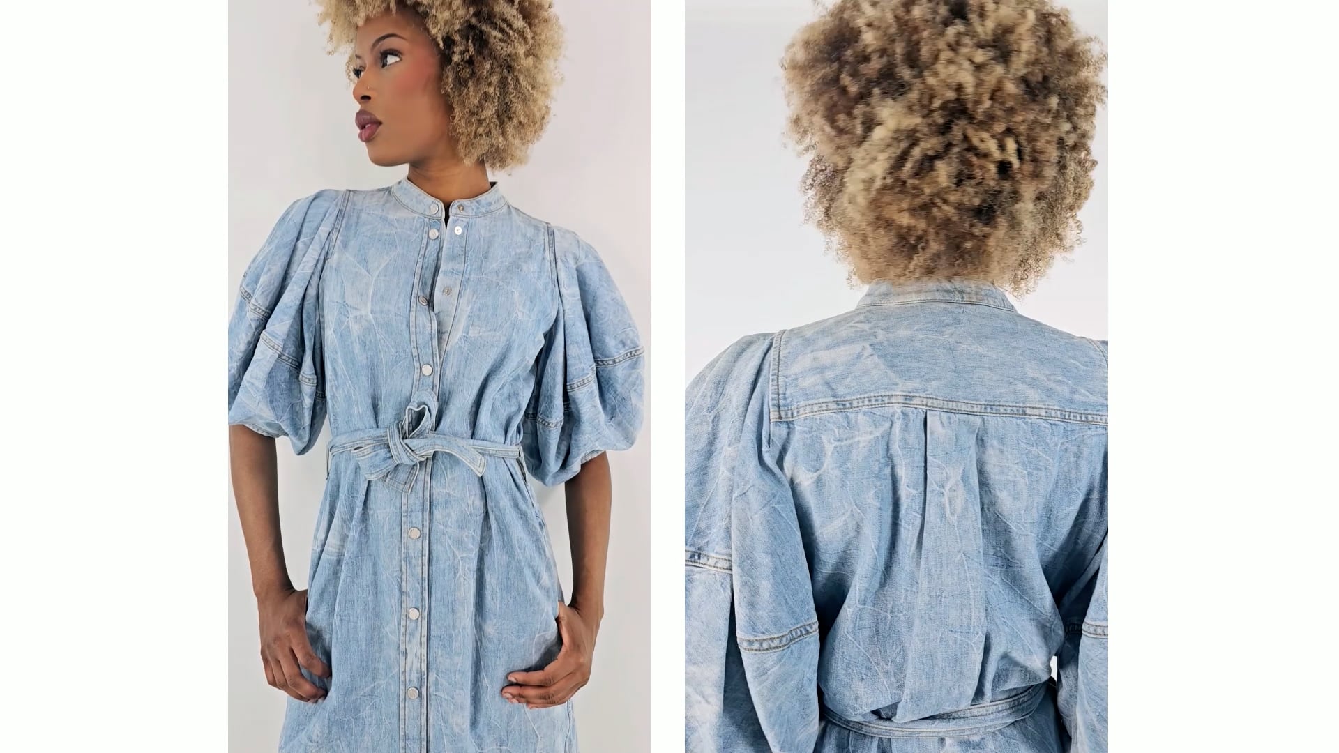 Stella McCartney Crinkle Blue Denim Puff Sleeve Dress, Brand Size