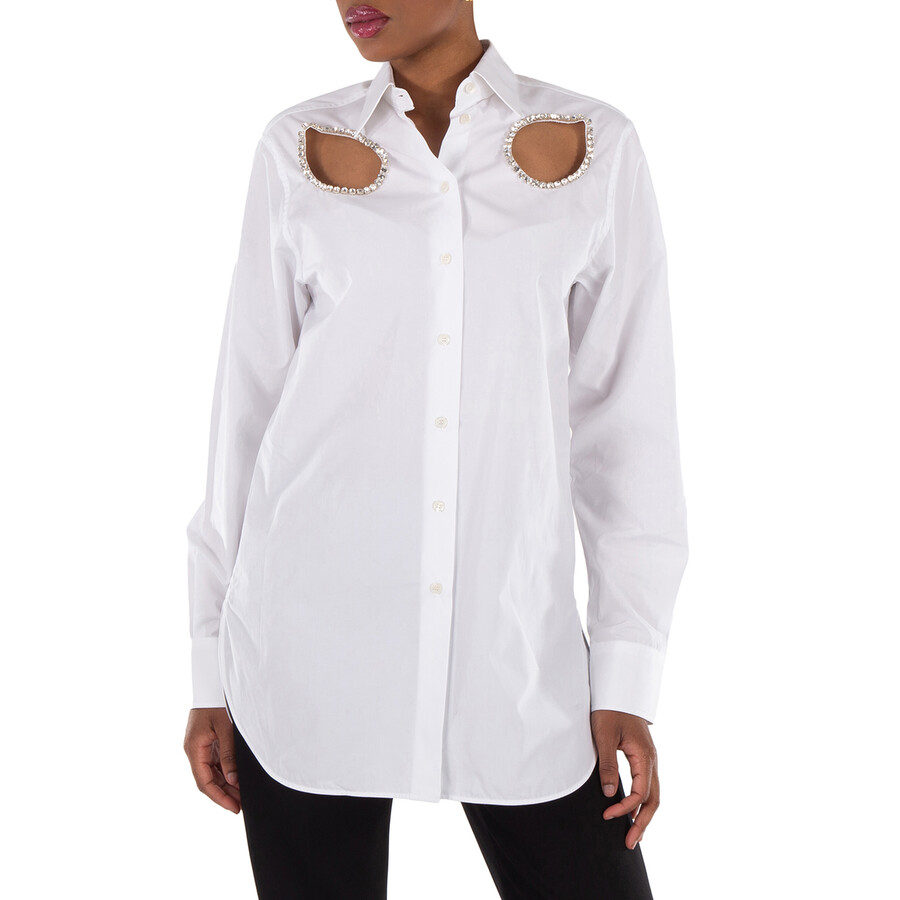 Crystal-Embellished Cut-Out Shirt In White Cotton