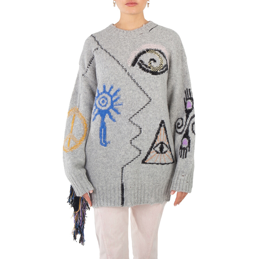 Folk Artwork Wool Blend Knit Sweater In Grey