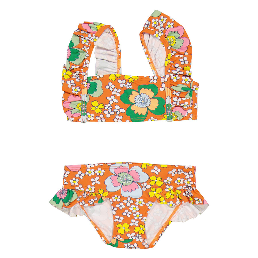 Girls Arancio Floral-Print Ruffled Bikini