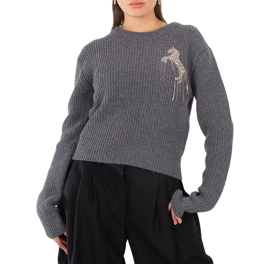 Grey Wool Cropped Horse Chain Embroidered Jumper