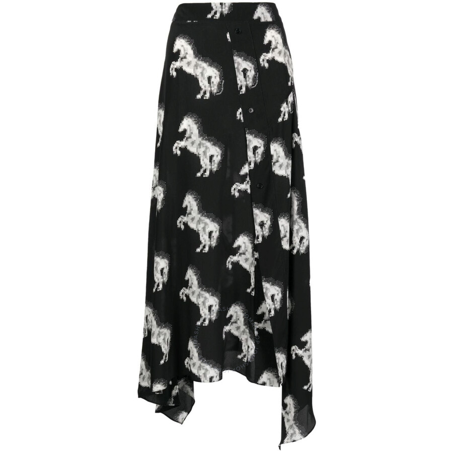 Stella Mccartney Pixel Horse Print Handkerchief Hem Silk Skirt In Black