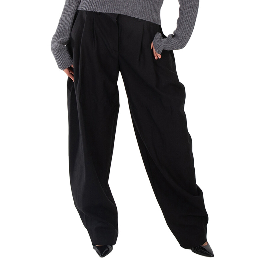 Ladies Black Pleated Wide-Leg Wool Trousers