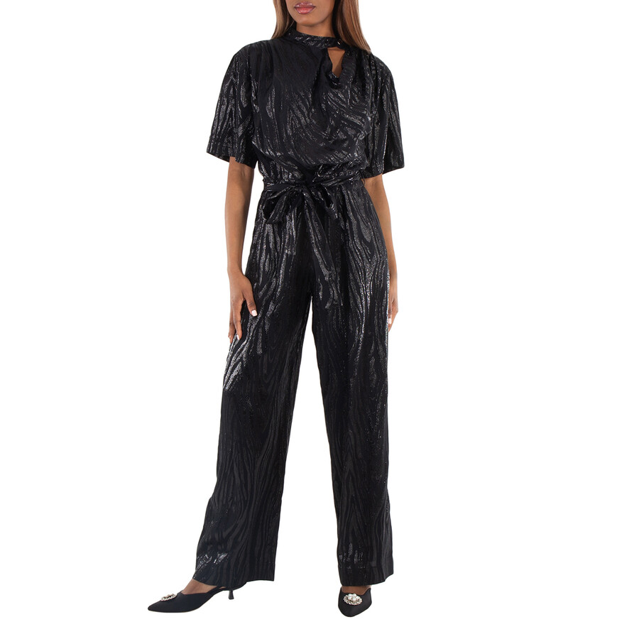 Ladies Black Woodgrain Print Lurex Jumpsuit