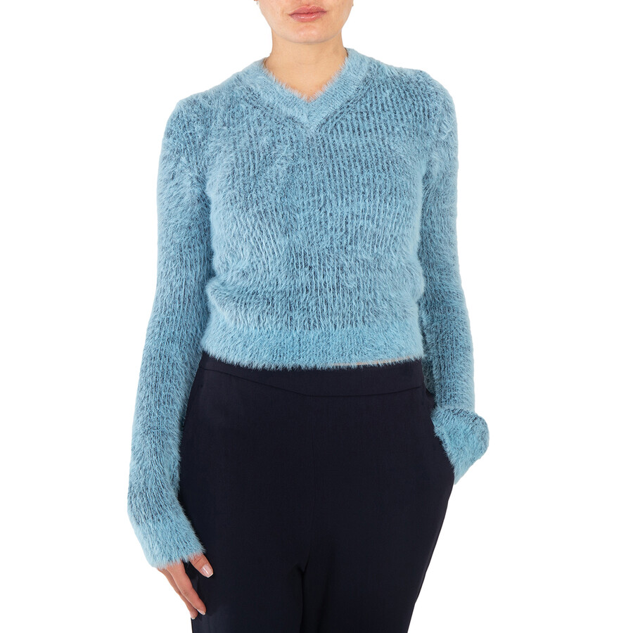 Ladies Blue Brushed-Effect Ribbed-Knit Jumper