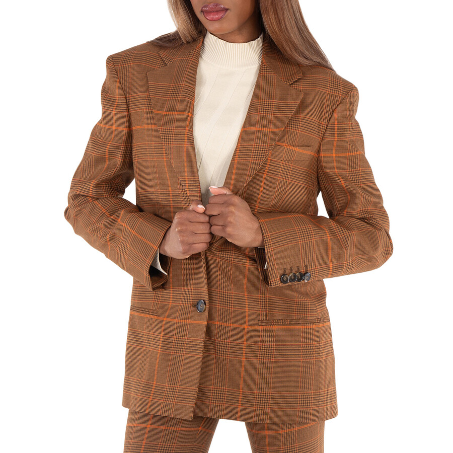Ladies Brown Checked Single-Breasted Blazer