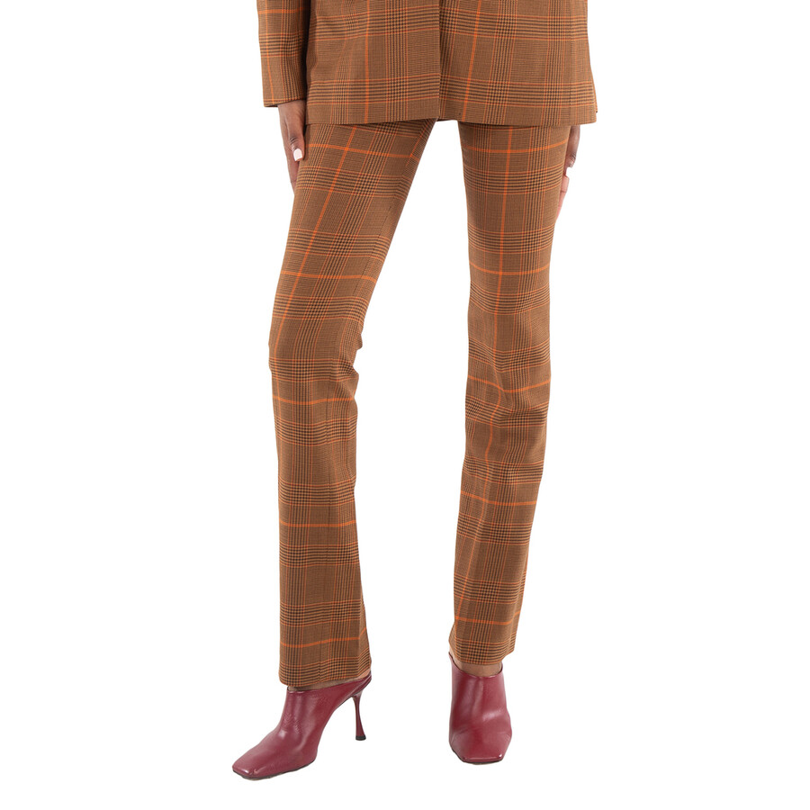 Ladies Brown Prince-Of-Wales Slim-Cut Trousers
