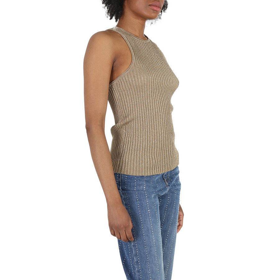 Shop Stella Mccartney Ladies Gold Sparkle Ribbed-knit Racer Tank Top In Gold Tone