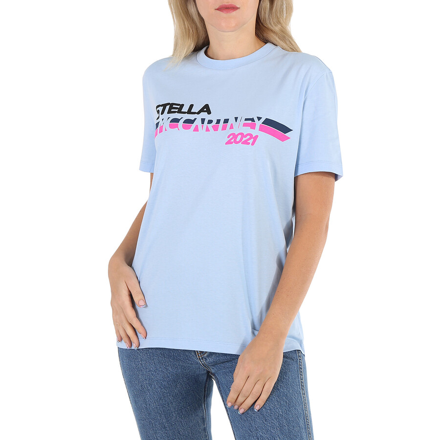 Ladies Light Blue Moto Logo Print T-shirt