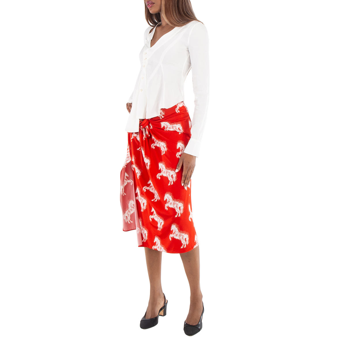 Stella McCartney Ladies Red Pixel Horses Bow Detailed Skirt, Brand 