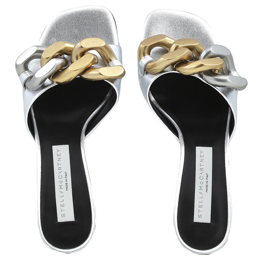 Stella Mccartney Ladies Silver Metallic Falabella Kitten Mules In Silver Tone