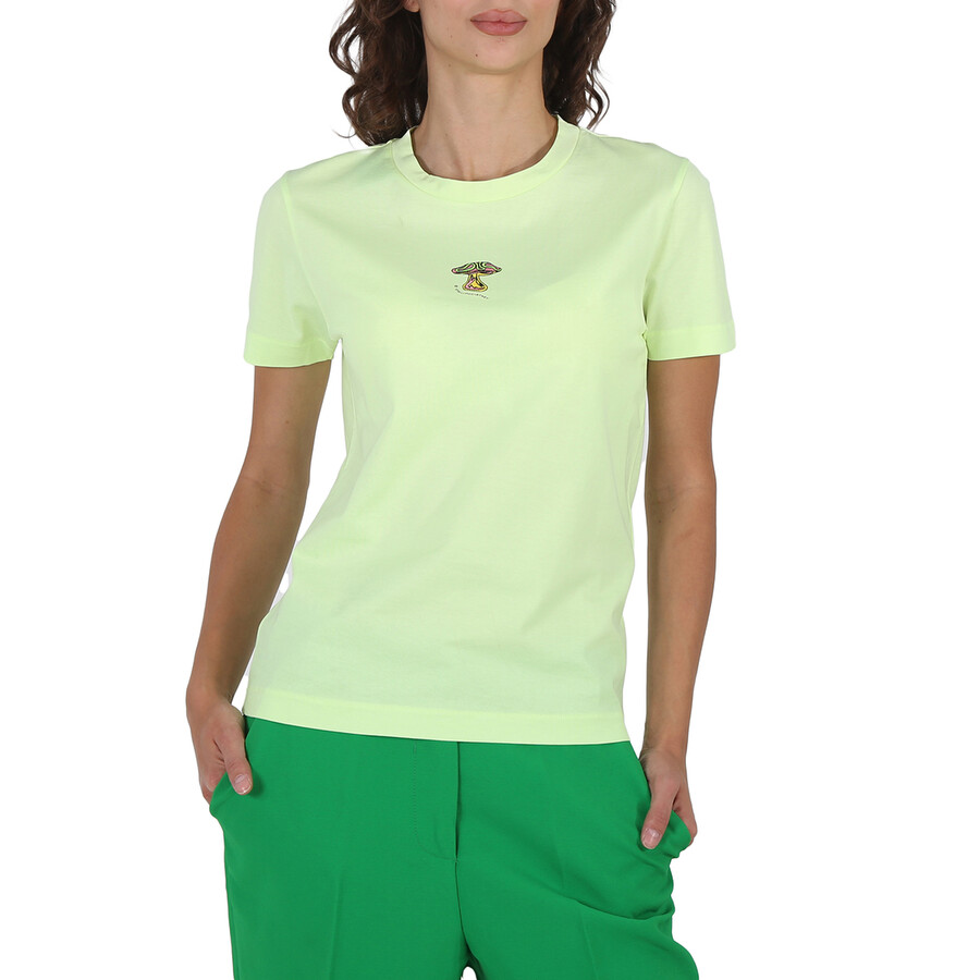 Stella Mccartney Ladies Washed Neon Yellow Mushroom Embroidery T-shirt In Yellow