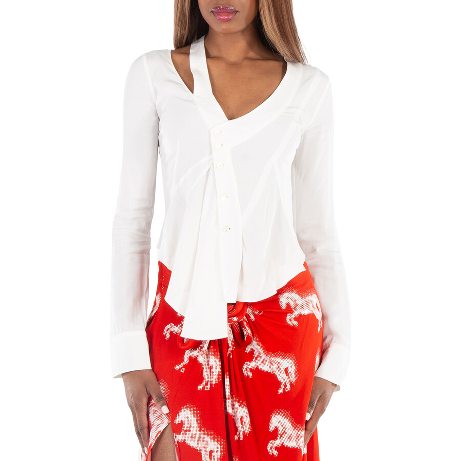 Ladies White Asymmetric Seam Detailed Shirt